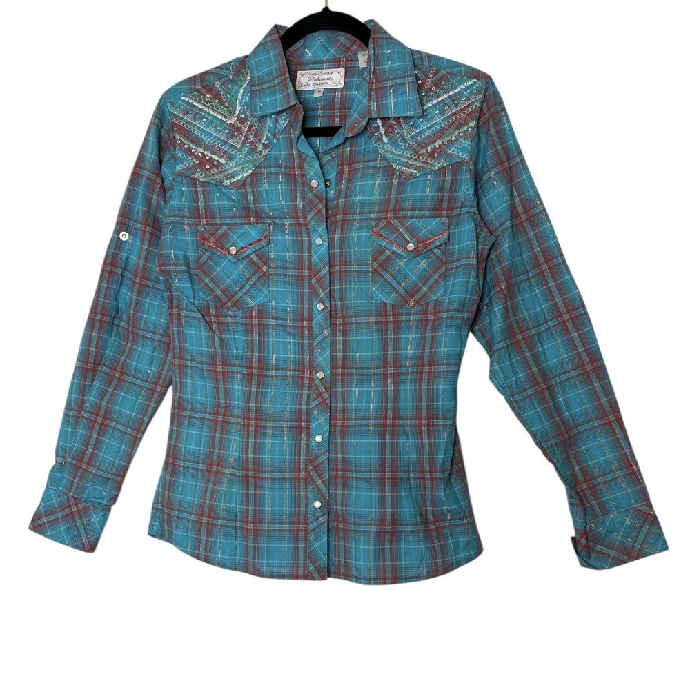 Panhandle Shirt Women's Small Plaid‎ Western Rhinestone Embroidered Pearl Snap